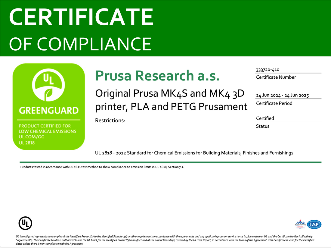 Original Prusa MK4S, Prusament PLA & PETG awarded UL GreenGuard certification